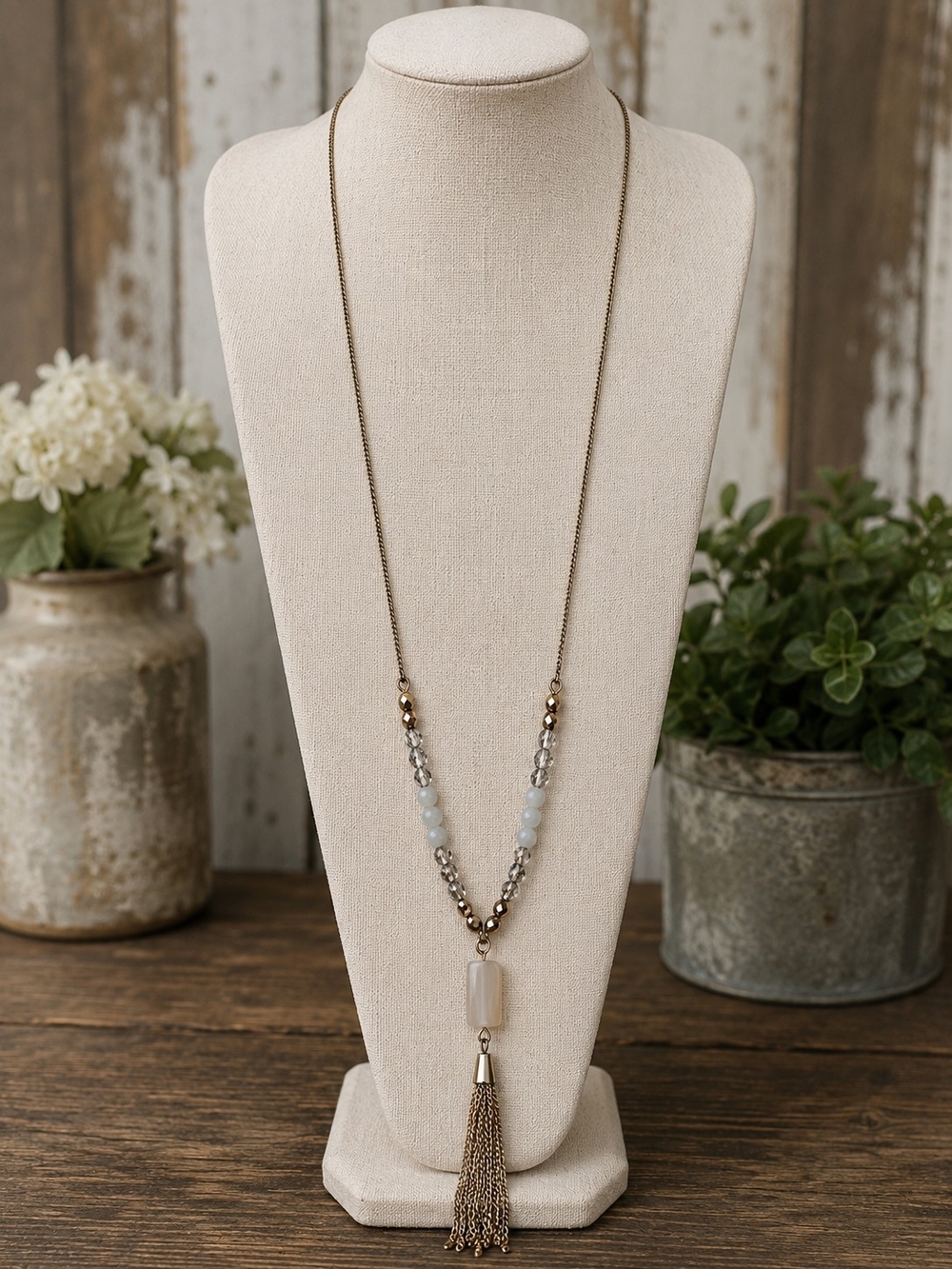 Long Beaded Tassel Necklace in Soft Beige and Antique Gold